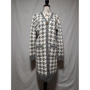 Olive + Oak Women's Gray White Houndstooth Long Cardigan Knit Sweater Size Large